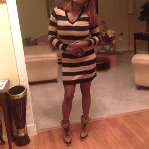 Navy blue and tan stripe sweater dress